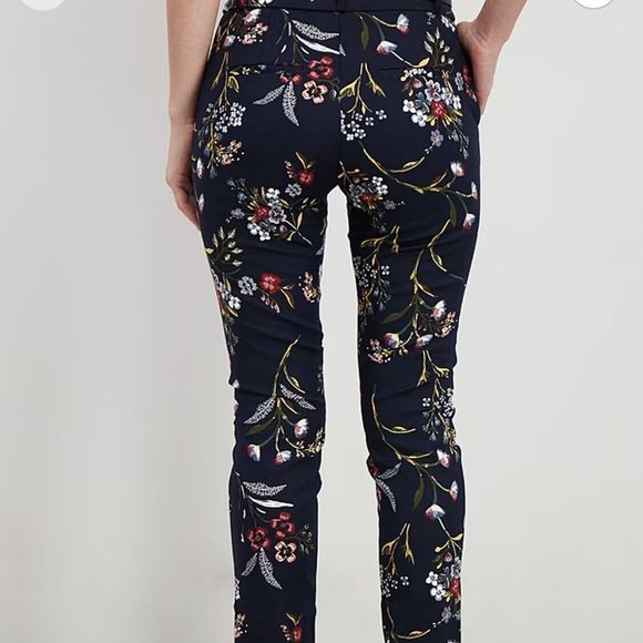 Stradivarius Pants Womens Navy Blue Chino Skinny Mid Rise Floral Slacks Cotton - Picture 2 of 12